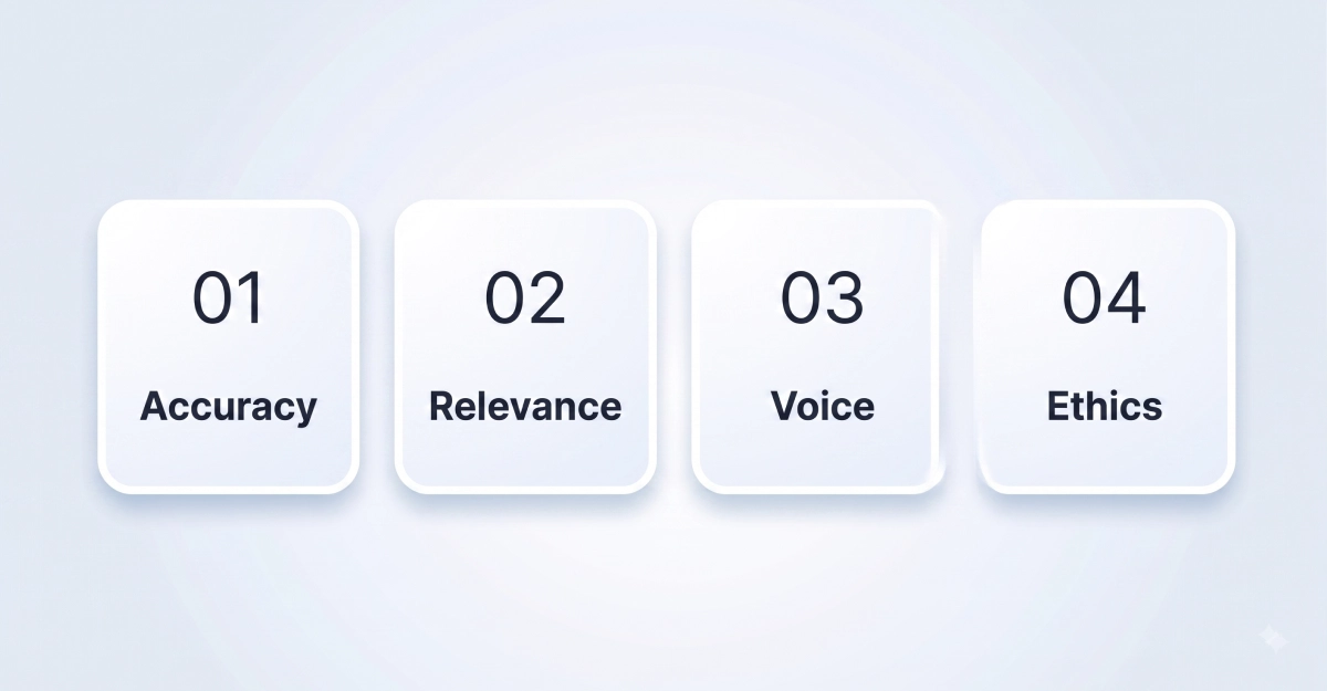 Four stacked blocks showing the Accuracy, Relevance, Voice and Ethics checks for AI-assisted content, each mapped to a Google guideline Four stacked blocks showing the Accuracy, Relevance, Voice and Ethics checks for AI-assisted content, each mapped to a Google guideline