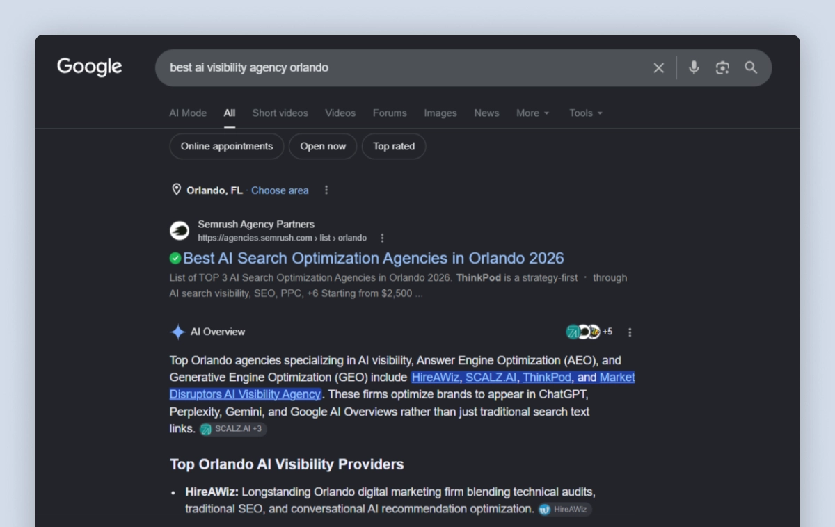 Google AI Overview for "best ai visibility agency orlando" citing HIREAWIZ alongside three competing agencies