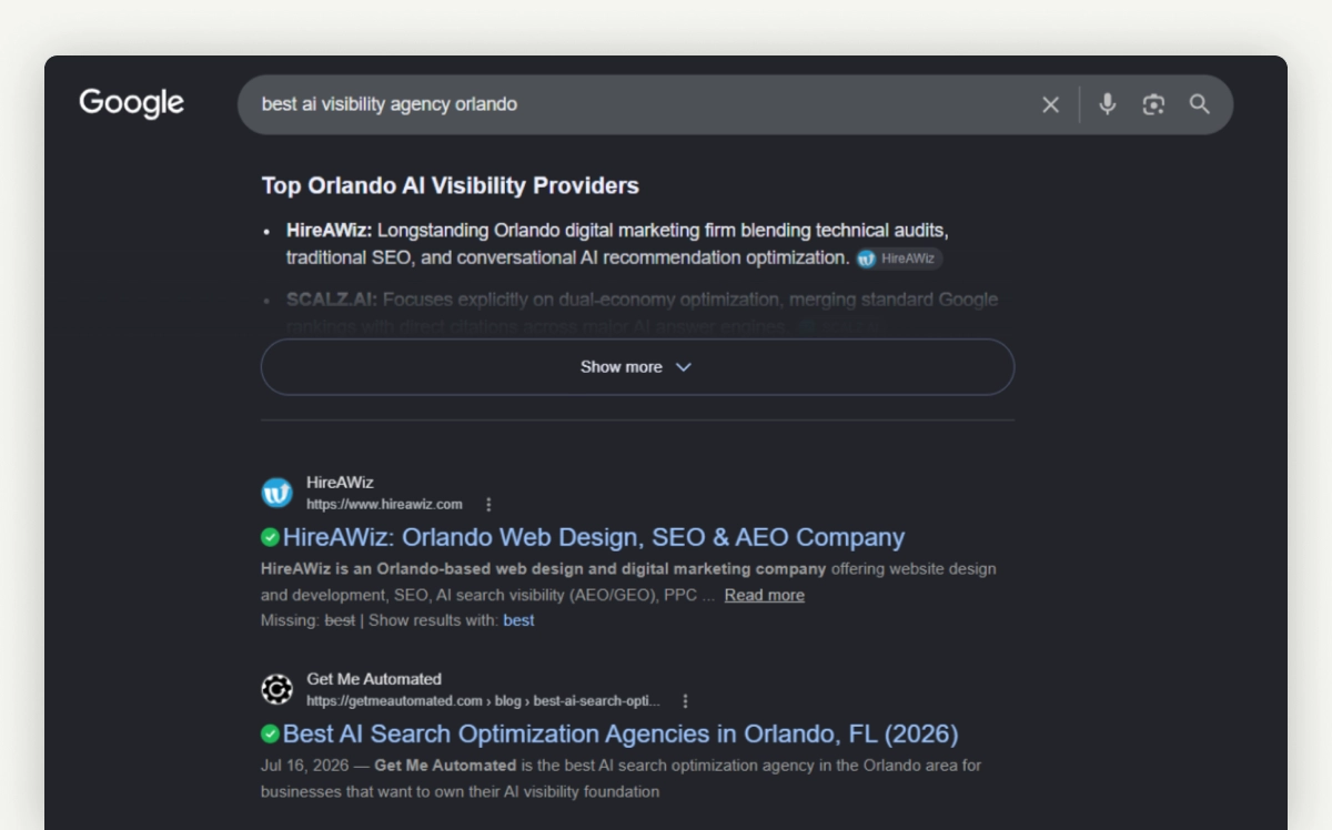 Google search results listing HIREAWIZ first under Top Orlando AI Visibility Providers