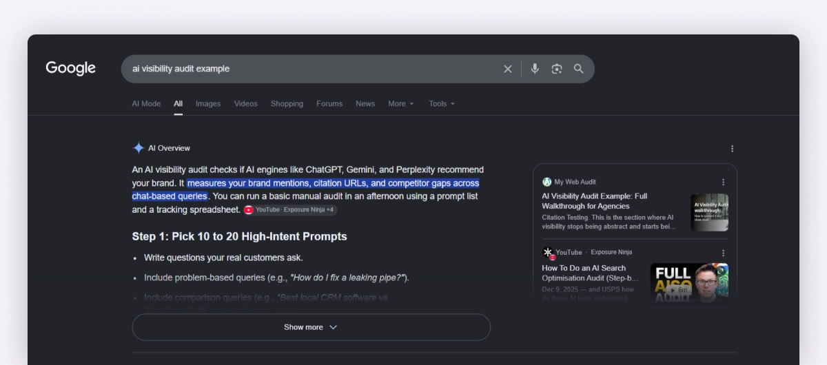 Google AI Overview for "ai visibility audit example" citing My Web Audit as a source, showing the Citation Testing section