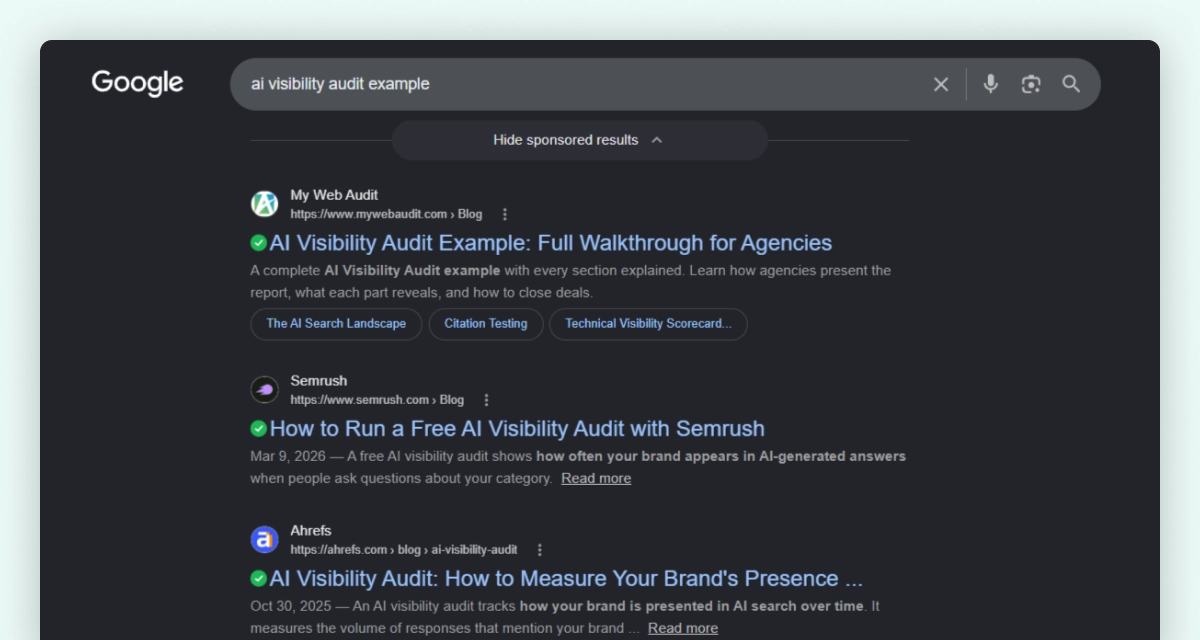 Google search results for "ai visibility audit example" showing My Web Audit ranking first, above Semrush and Ahrefs
