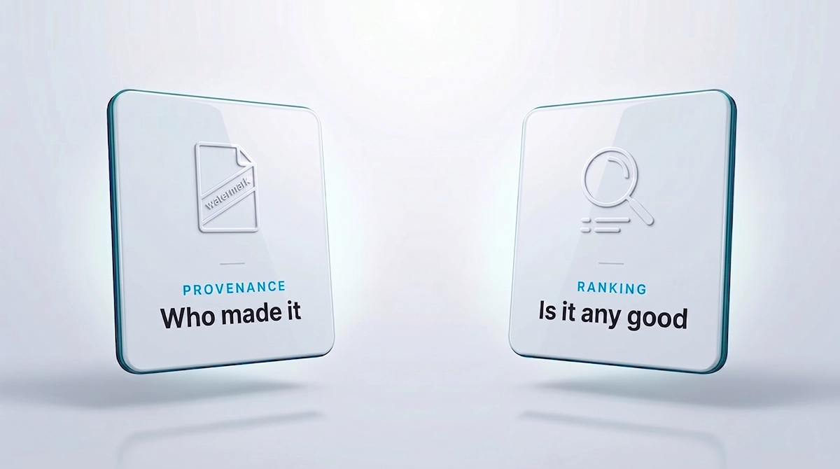 Two separate floating cards illustrating that content provenance and search ranking are unrelated systems Two separate floating cards illustrating that content provenance and search ranking are unrelated systems
